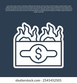 Blue line Burning dollar bill icon isolated on blue background. Dollar bill on fire. Burning of savings.  Vector