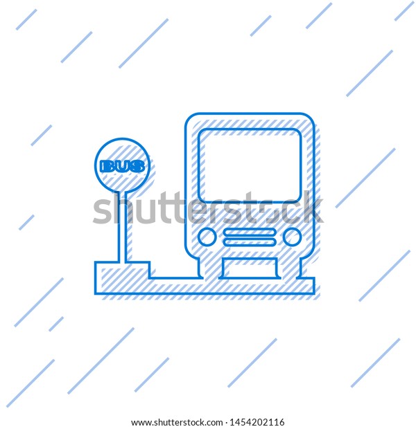 Blue line Bus stop icon isolated on\
white background. Transportation concept. Bus tour transport sign.\
Tourism or public vehicle symbol.  Vector\
Illustration