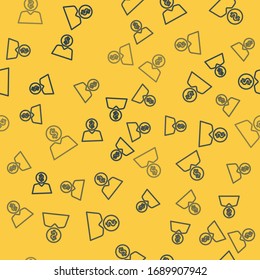 Blue line Business man planning mind icon isolated seamless pattern on yellow background. Human head with dollar. Idea to earn money. Business investment growth.  Vector Illustration