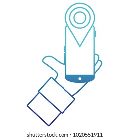 blue line businessman hand with smartphone and location symbol