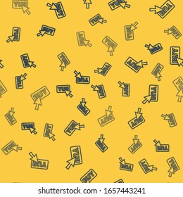 Icono del botón de compra de línea azul aislado patrón transparente en fondo amarillo.  Ilustración vectorial