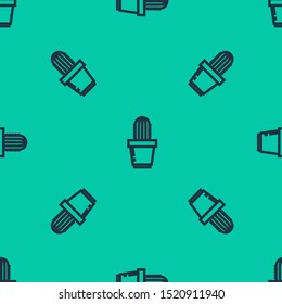 Blue line Cactus and succulent in pot icon isolated seamless pattern on green background. Plant growing in a pot. Potted plant sign.  Vector Illustration