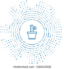 Blue line Cactus and succulent in pot icon isolated on white background. Plant growing in a pot. Potted plant sign. Abstract circle random dots. Vector Illustration