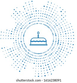 Blue line Cake with burning candles icon isolated on white background. Happy Birthday. Abstract circle random dots. Vector Illustration