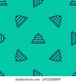 Blue line Cake with burning candles icon isolated seamless pattern on green background. Happy Birthday.  Vector