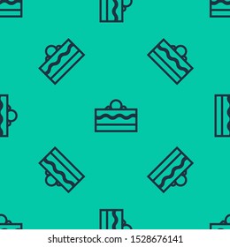 Blue line Cake icon isolated seamless pattern on green background. Happy Birthday.  Vector Illustration