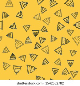 Blue line Cake icon isolated seamless pattern on yellow background. Happy Birthday.  Vector Illustration