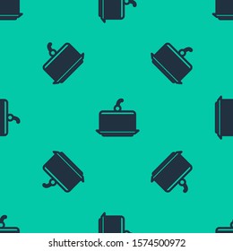 Blue line Cake icon isolated seamless pattern on green background. Happy Birthday.  Vector Illustration