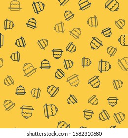 Blue line Cake icon isolated seamless pattern on yellow background. Happy Birthday.  Vector Illustration