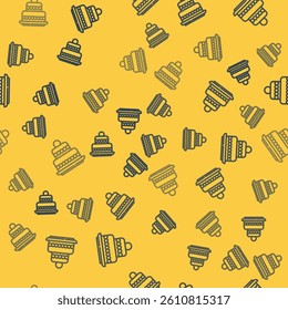 Blue line Cake icon isolated seamless pattern on yellow background. Happy Birthday.  Vector