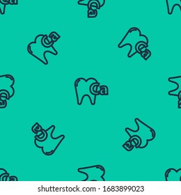 Blue line Calcium for tooth icon isolated seamless pattern on green background. Tooth symbol for dentistry clinic or dentist medical center.  Vector Illustration