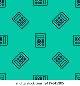 Blue line Calculator icon isolated seamless pattern on green background. Accounting symbol. Business calculations mathematics education and finance.  Vector