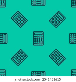 Blue line Calculator icon isolated seamless pattern on green background. Accounting symbol. Business calculations mathematics education and finance.  Vector