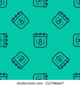 Blue line Calendar with 8 March icon isolated seamless pattern on green background. International Happy Women Day.  Vector