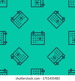 Blue line Calendar death icon isolated seamless pattern on green background.  Vector