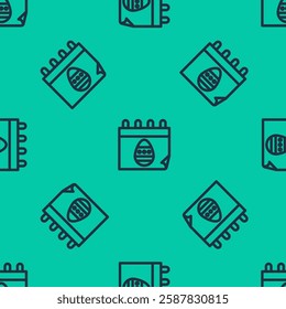 Blue line Calendar with Easter egg icon isolated seamless pattern on green background. Spring Christian Holiday symbol.  Vector Illustration