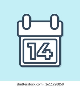 Blue line Calendar with February 14 icon isolated on blue background. Valentines day. Love symbol.  Vector Illustration