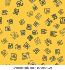 Blue line Calendar with Halloween date 31 october icon isolated seamless pattern on yellow background. Happy Halloween party.  Vector Illustration