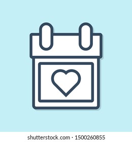 Blue line Calendar with heart icon isolated on blue background. Valentines day. Love symbol. February 14.  Vector Illustration