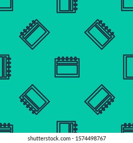 Blue line Calendar icon isolated seamless pattern on green background. Event reminder symbol. Merry Christmas and Happy New Year.  Vector Illustration
