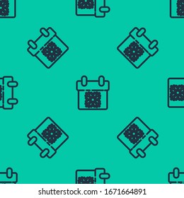 Blue line Calendar icon isolated seamless pattern on green background. Event reminder symbol. Merry Christmas and Happy New Year.  Vector Illustration