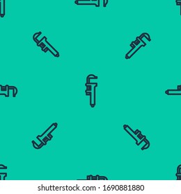 Icono de la pinza de freno o la pinza de freno de línea azul y de escala aislado sin fisuras en el fondo verde. Herramientas de medición de precisión. Ilustración vectorial