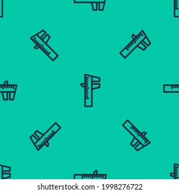 Blue line Calliper or caliper and scale icon isolated seamless pattern on green background. Precision measuring tools.  Vector