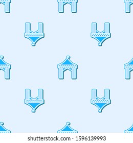 Blue line Camping tent icon isolated seamless pattern on grey background. Carnival camping tent. Amusement park.  Vector Illustration