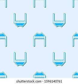 Blue line Camping tent icon isolated seamless pattern on grey background. Carnival camping tent. Amusement park.  Vector Illustration