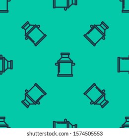 Blue line Can container for milk icon isolated seamless pattern on green background.  Vector Illustration