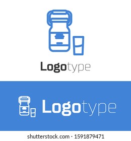 Blue line Can container for milk and glass icon isolated on white background. Logo design template element. Vector Illustration