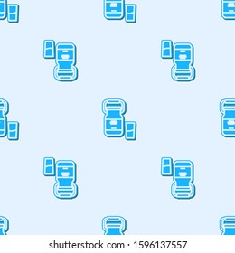 Blue line Can container for milk and glass icon isolated seamless pattern on grey background.  Vector Illustration