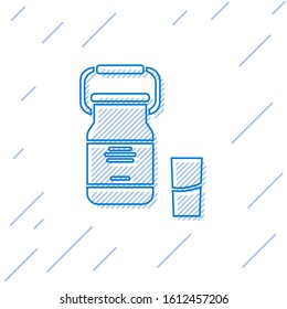 Blue line Can container for milk and glass icon isolated on white background.  Vector Illustration
