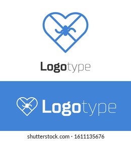Blue line Candy in heart shaped box and bow icon isolated on white background. Valentines Day. Logo design template element. Vector Illustration