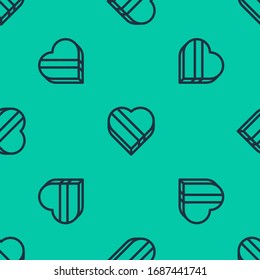 Blue line Candy in heart shaped box icon isolated seamless pattern on green background. Valentines Day.  Vector Illustration