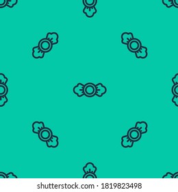 Blue line Candy icon isolated seamless pattern on green background.  Vector Illustration