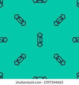 Icono de Candy de línea azul aislado patrón sin fisuras en fondo verde.  Vector