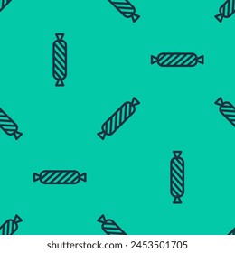 Línea azul Icono de caramelo aislado patrón sin fisuras sobre fondo verde.  Vector