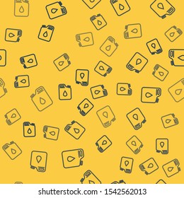 Blue line Canister for gasoline icon isolated seamless pattern on yellow background. Diesel gas icon.  Vector Illustration