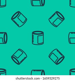 Blue line Canned food icon isolated seamless pattern on green background. Food for animals. Pet food can.  Vector Illustration