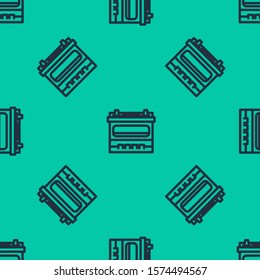 Blue line Car battery icon isolated seamless pattern on green background. Accumulator battery energy power and electricity accumulator battery.  Vector Illustration