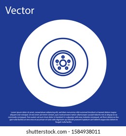 Blue line Car brake disk icon isolated on blue background. White circle button. Vector Illustration