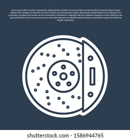 Blue line Car brake disk with caliper icon isolated on blue background.  Vector Illustration