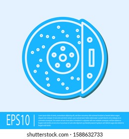 Blue line Car brake disk with caliper icon isolated on grey background.  Vector Illustration