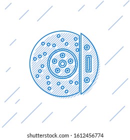 Blue line Car brake disk with caliper icon isolated on white background.  Vector Illustration
