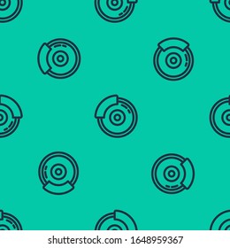 Blue line Car brake disk with caliper icon isolated seamless pattern on green background.  Vector Illustration