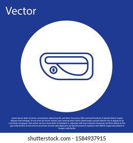 Blue line Car door handle icon isolated on blue background. White circle button. Vector Illustration