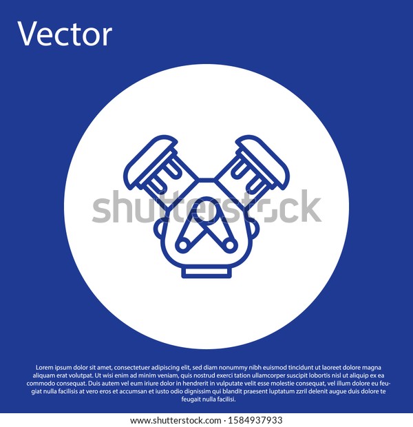 Blue line Car engine icon\
isolated on blue background. White circle button. Vector\
Illustration