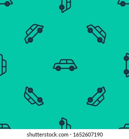 Blue line Car icon isolated seamless pattern on green background.  Vector Illustration