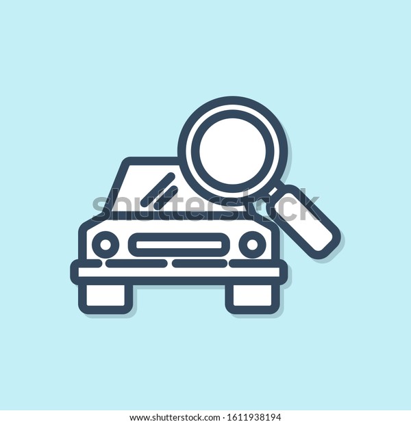 Blue line Car search icon
isolated on blue background. Magnifying glass with car.  Vector
Illustration